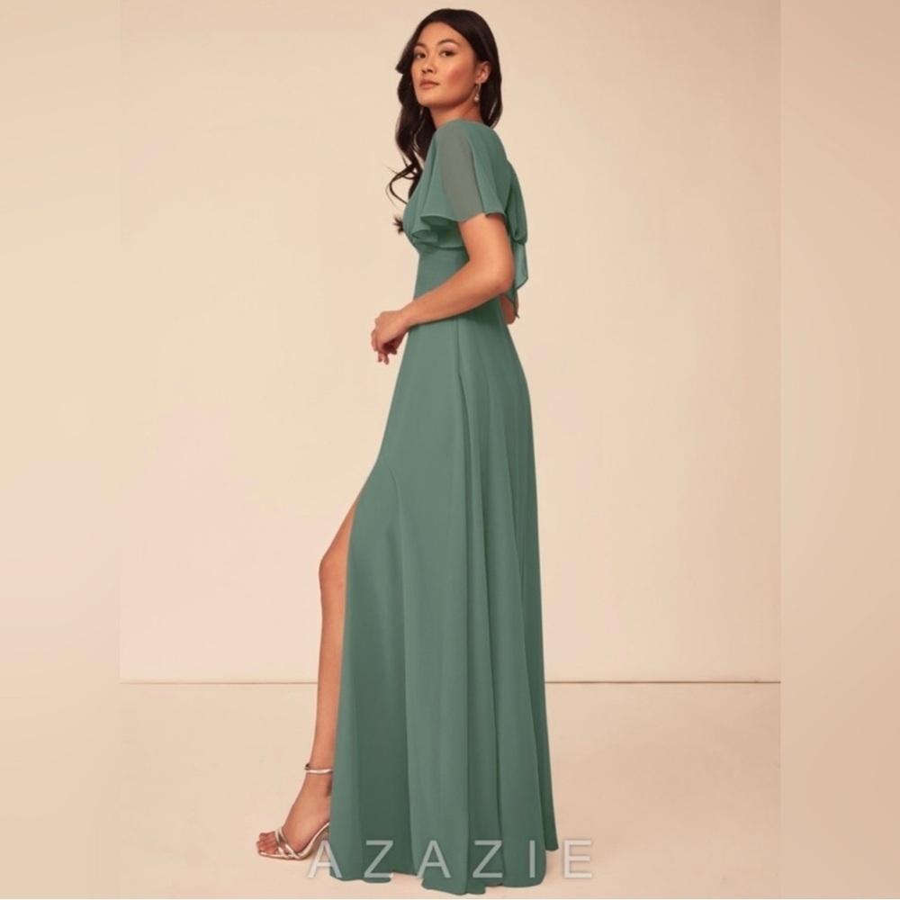 Azazie Sage Green Flutter Sleeve Maxi Gown Size A4 - Picture 3 of 7